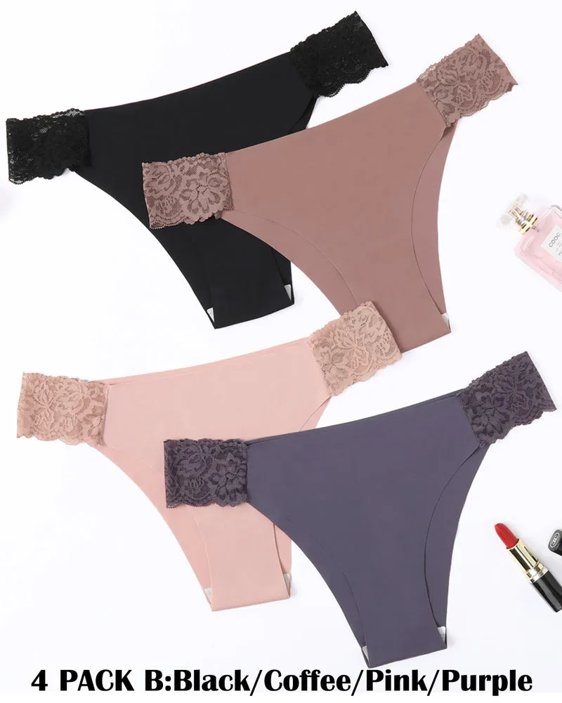 4 Pcs Set Contrast Lace Cut Out Side Panty