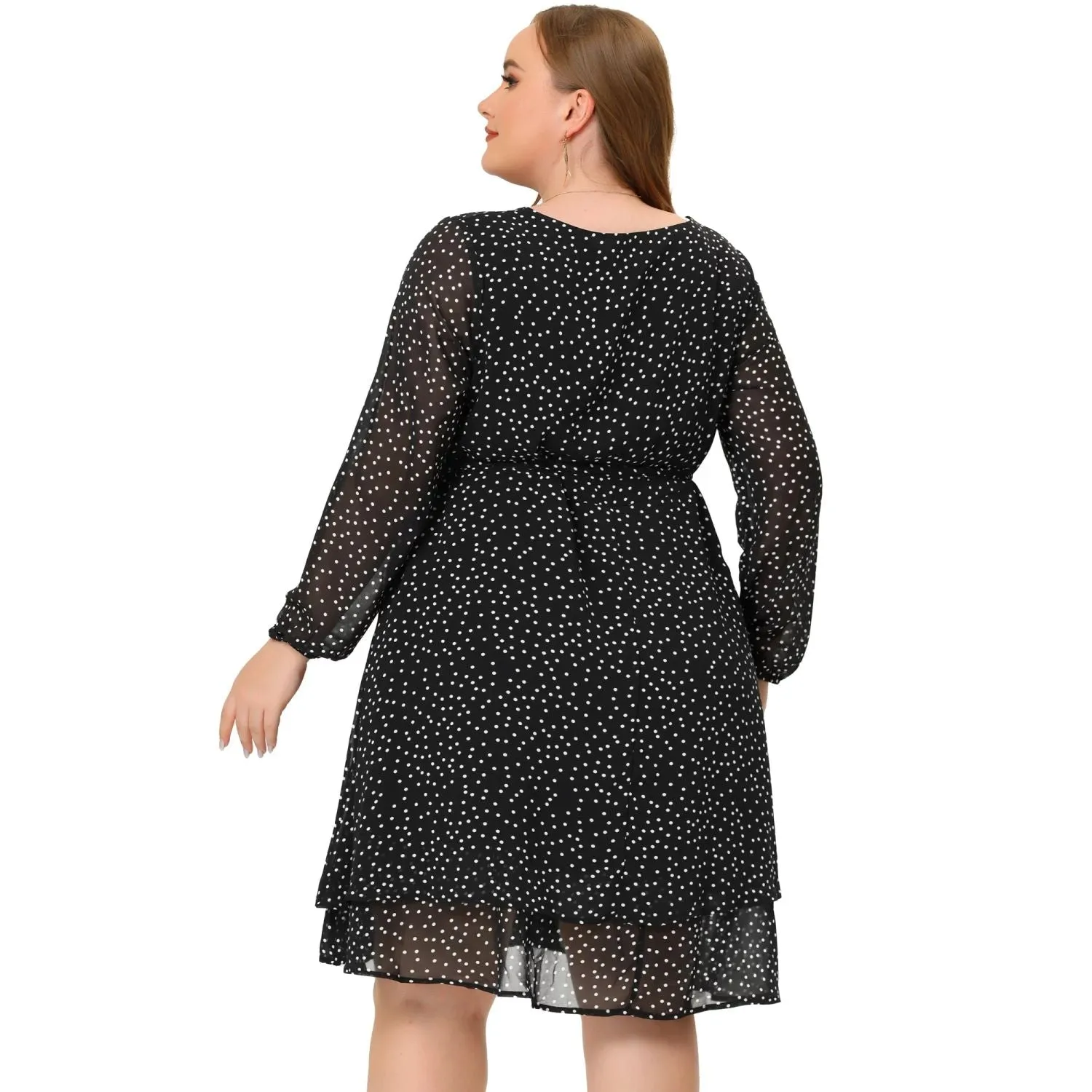 Agnes Orinda Women's Plus Size Long Sleeve Polka Dot Tie Waist Chiffon Dress ,  black