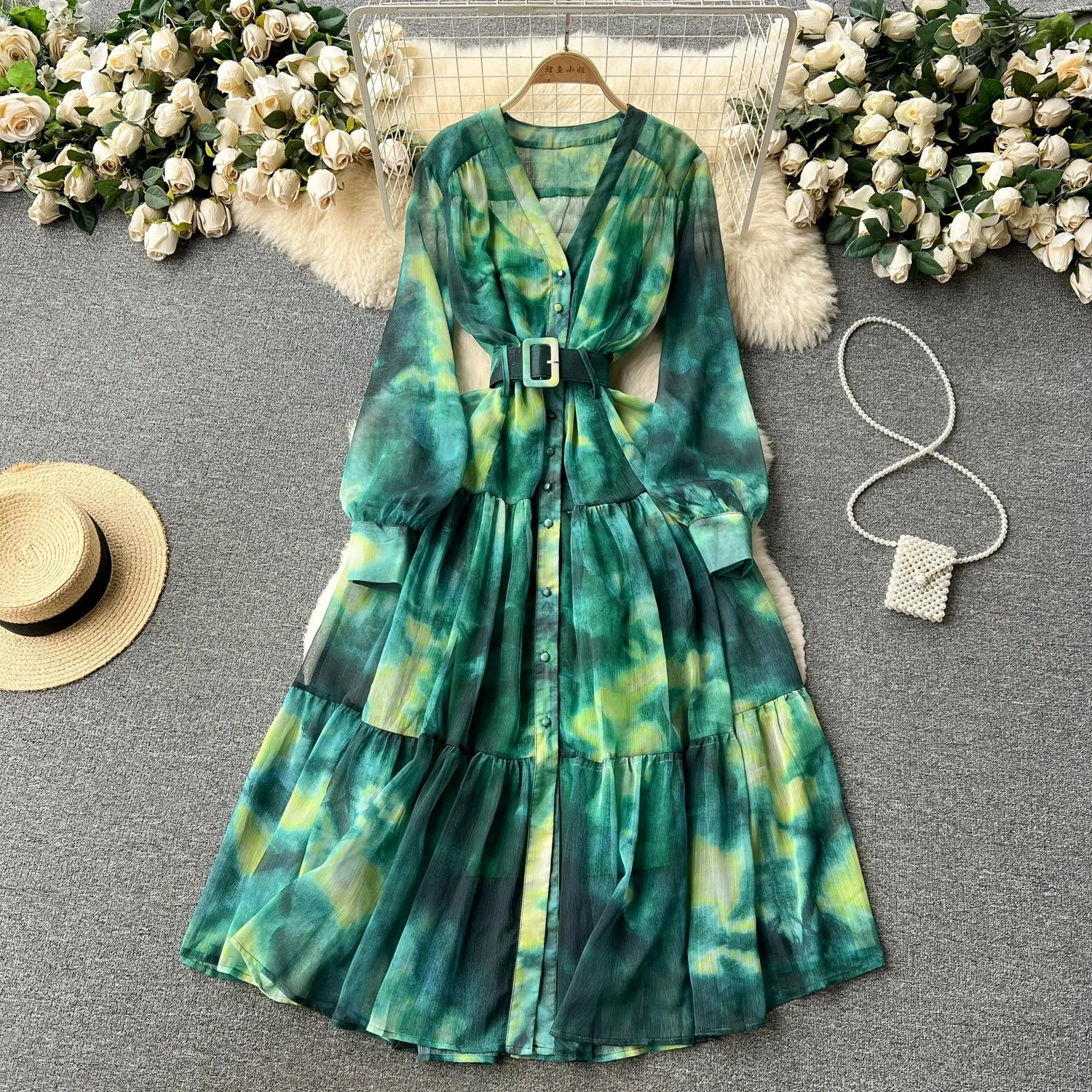 Asymmetrical Tie-Dye Silm Long Chiffon Dress