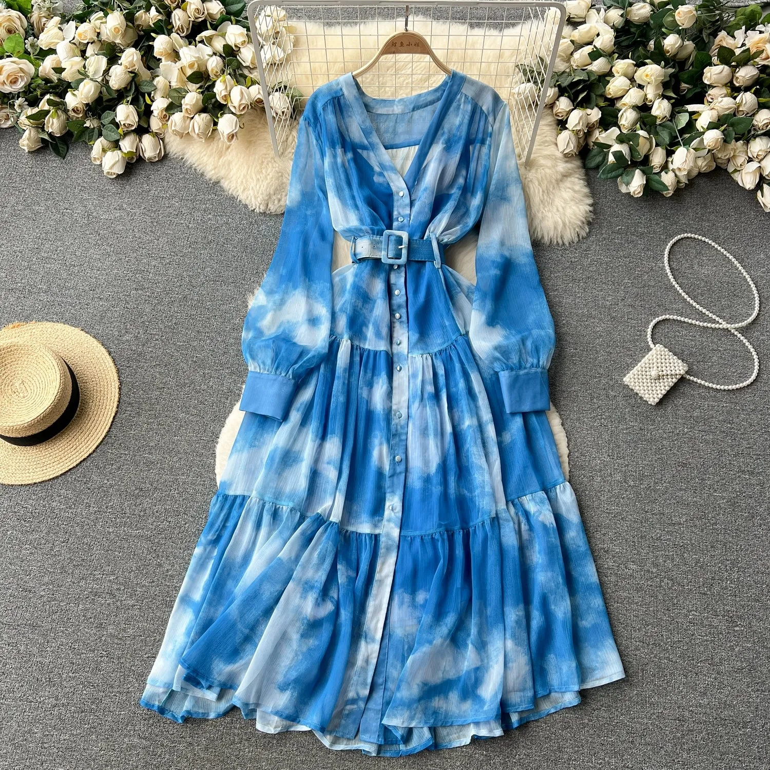 Asymmetrical Tie-Dye Silm Long Chiffon Dress