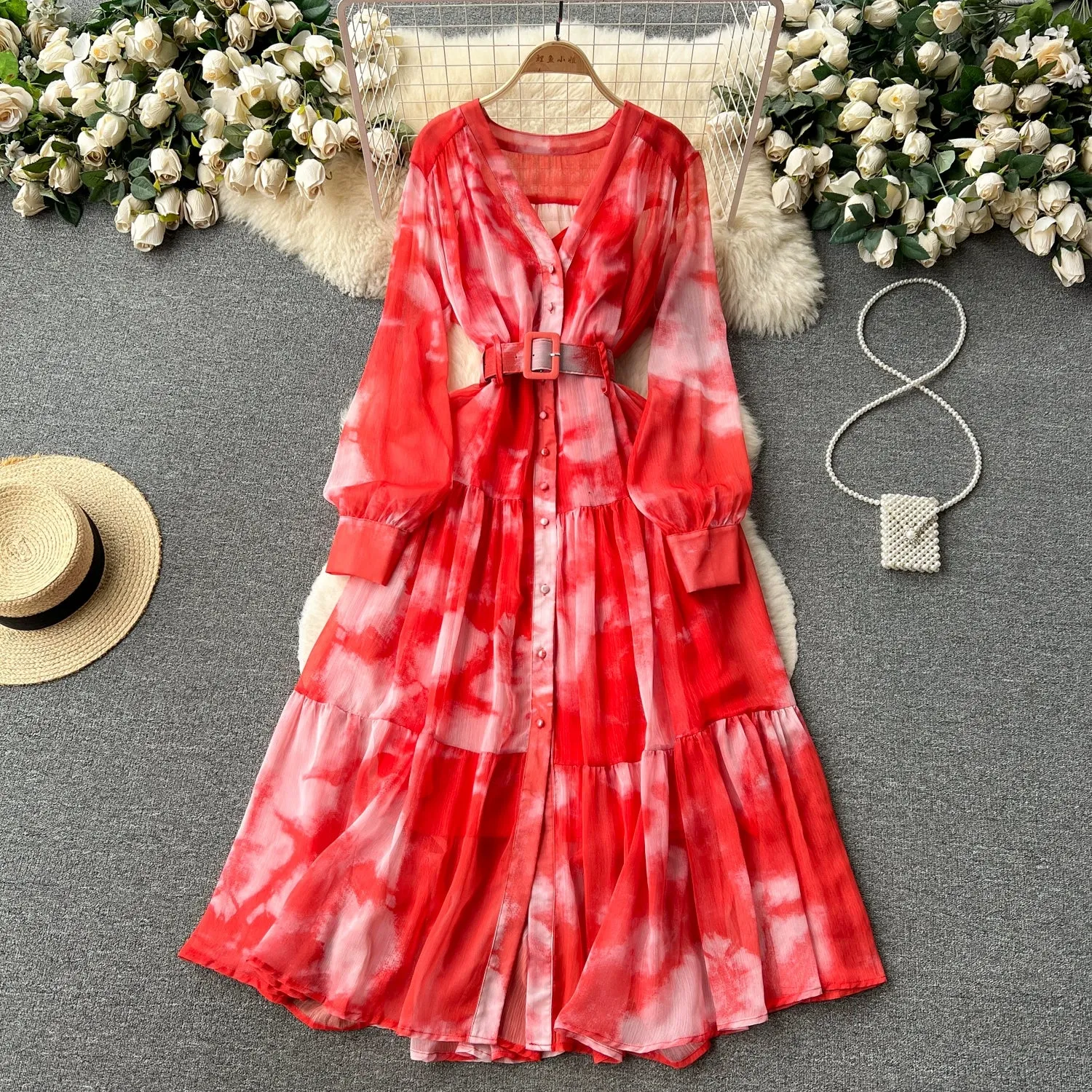 Asymmetrical Tie-Dye Silm Long Chiffon Dress