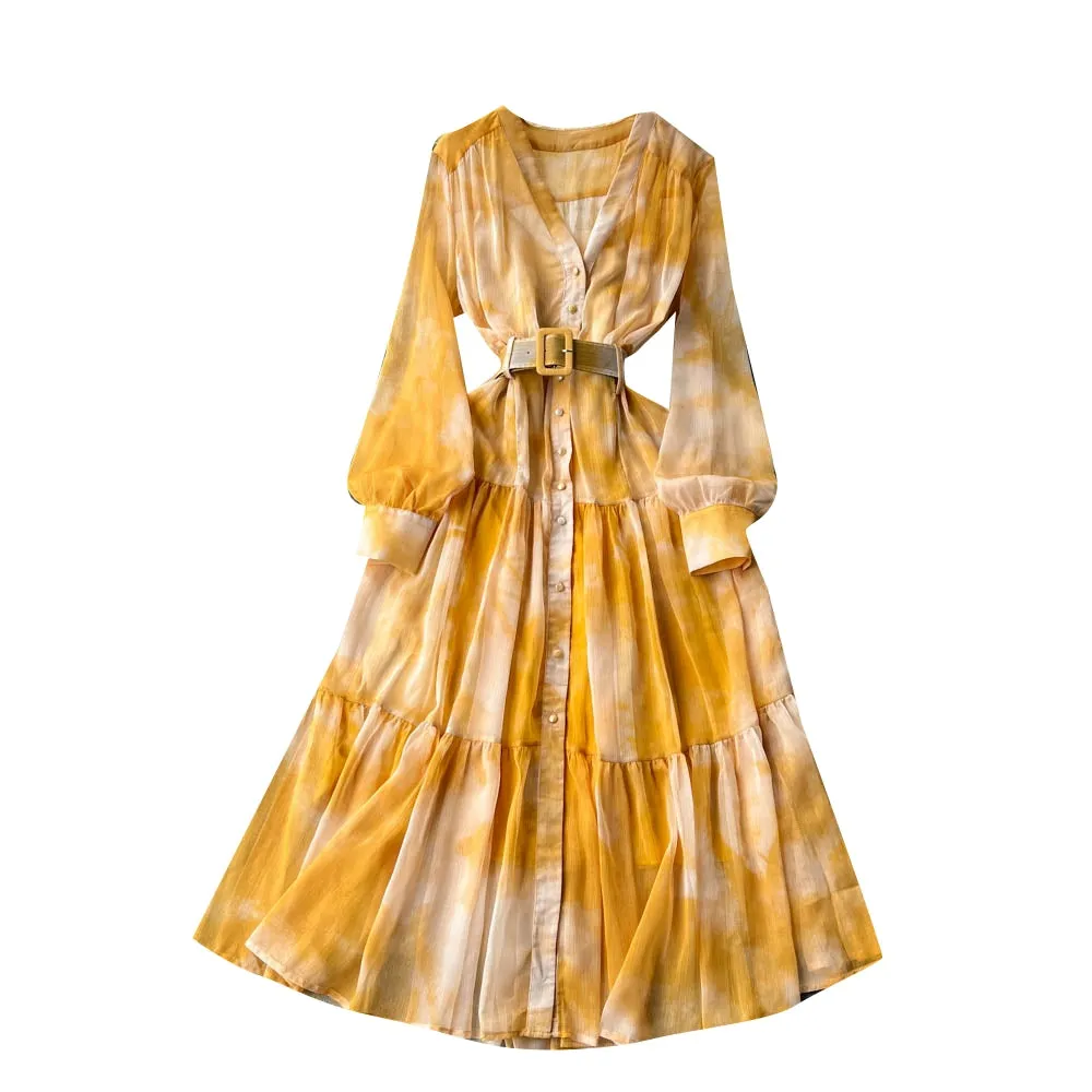 Asymmetrical Tie-Dye Silm Long Chiffon Dress