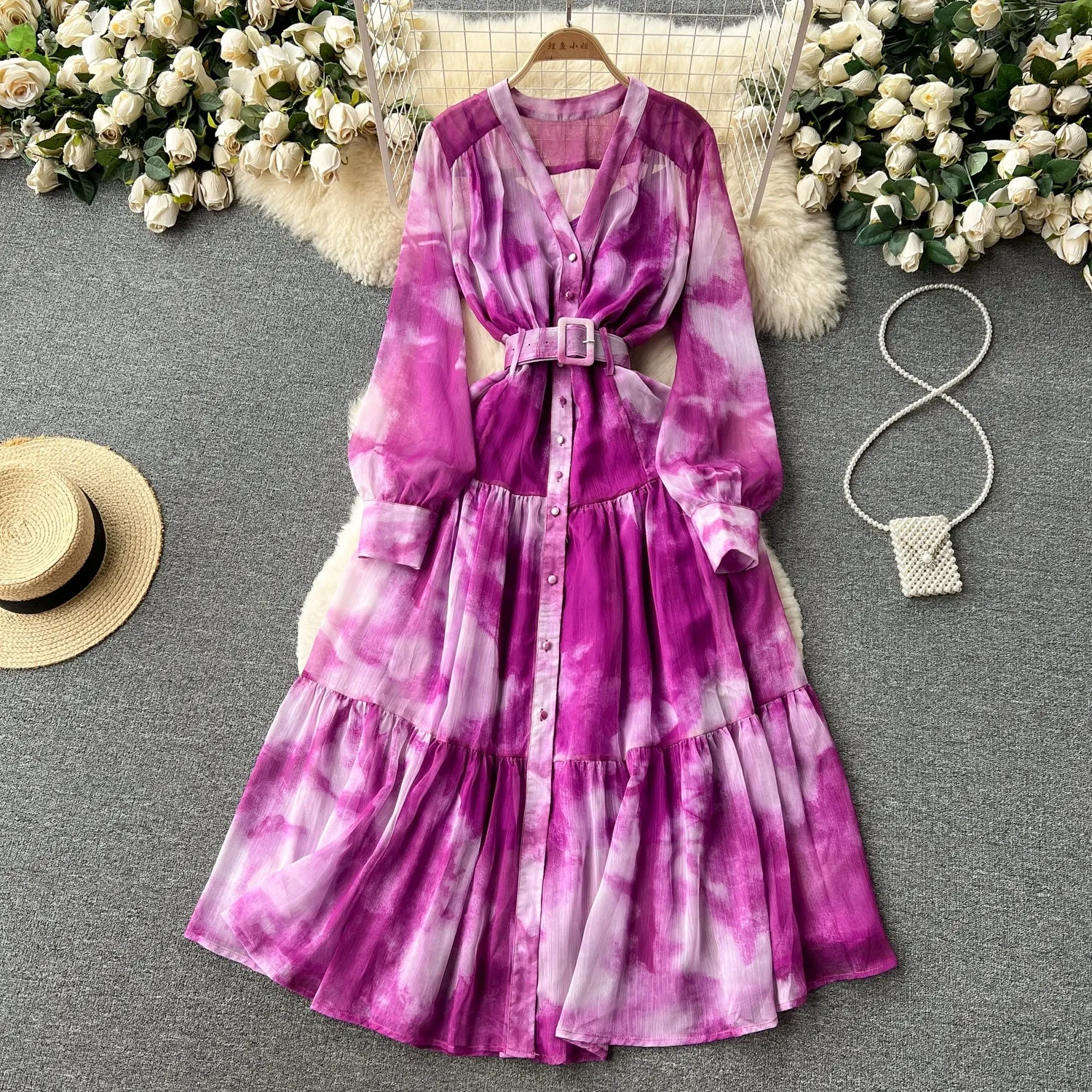 Asymmetrical Tie-Dye Silm Long Chiffon Dress