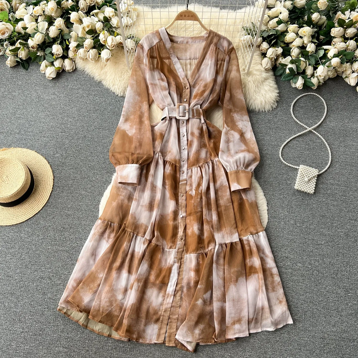 Asymmetrical Tie-Dye Silm Long Chiffon Dress