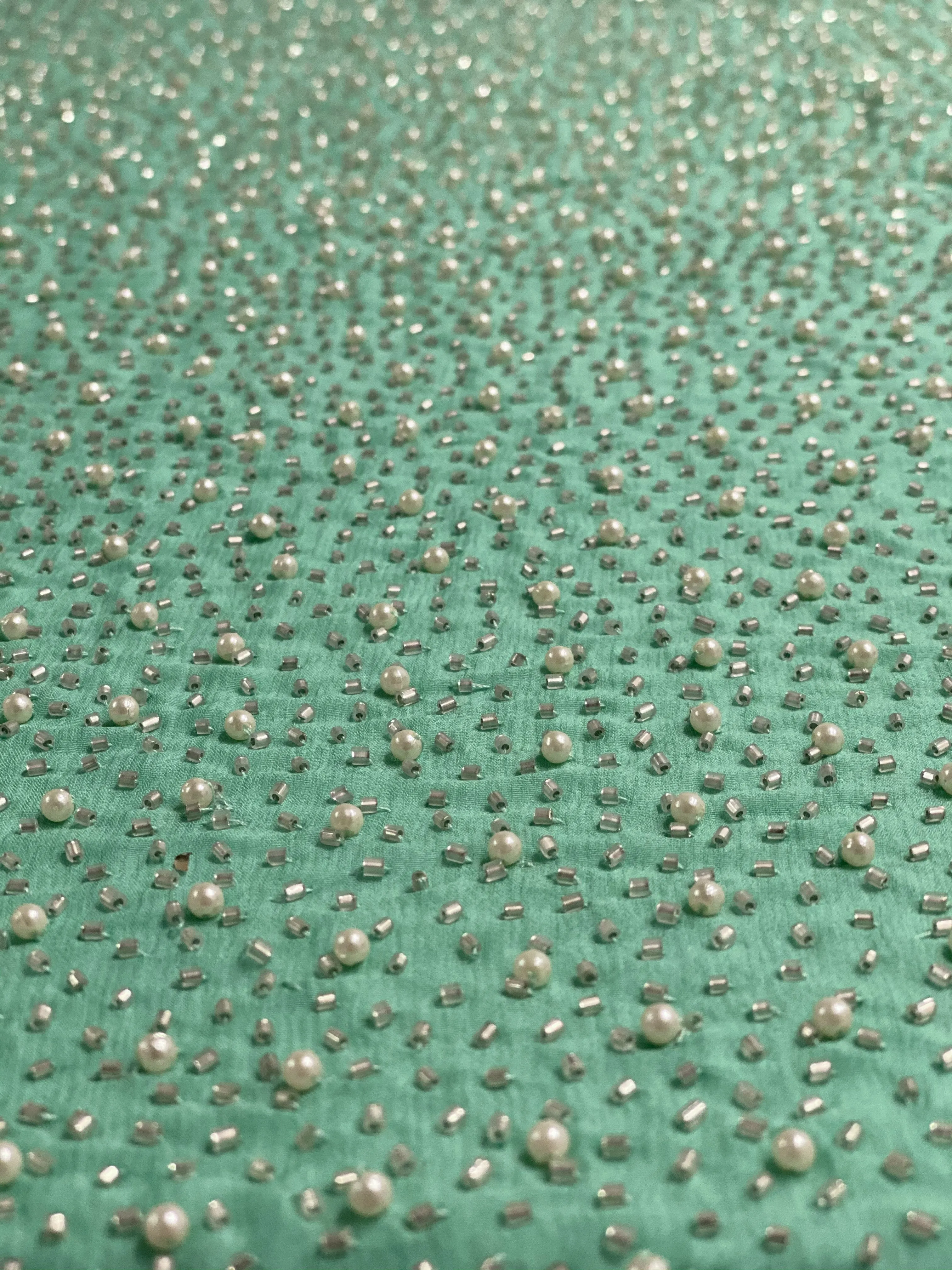 Biscay Green Sequin & Beads On Silk Chiffon JEC-011-25 Fabric