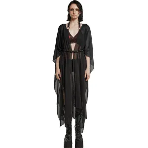 Black Moon Rising - women's Gothic black chiffon duster with an open front and beaded rope belt