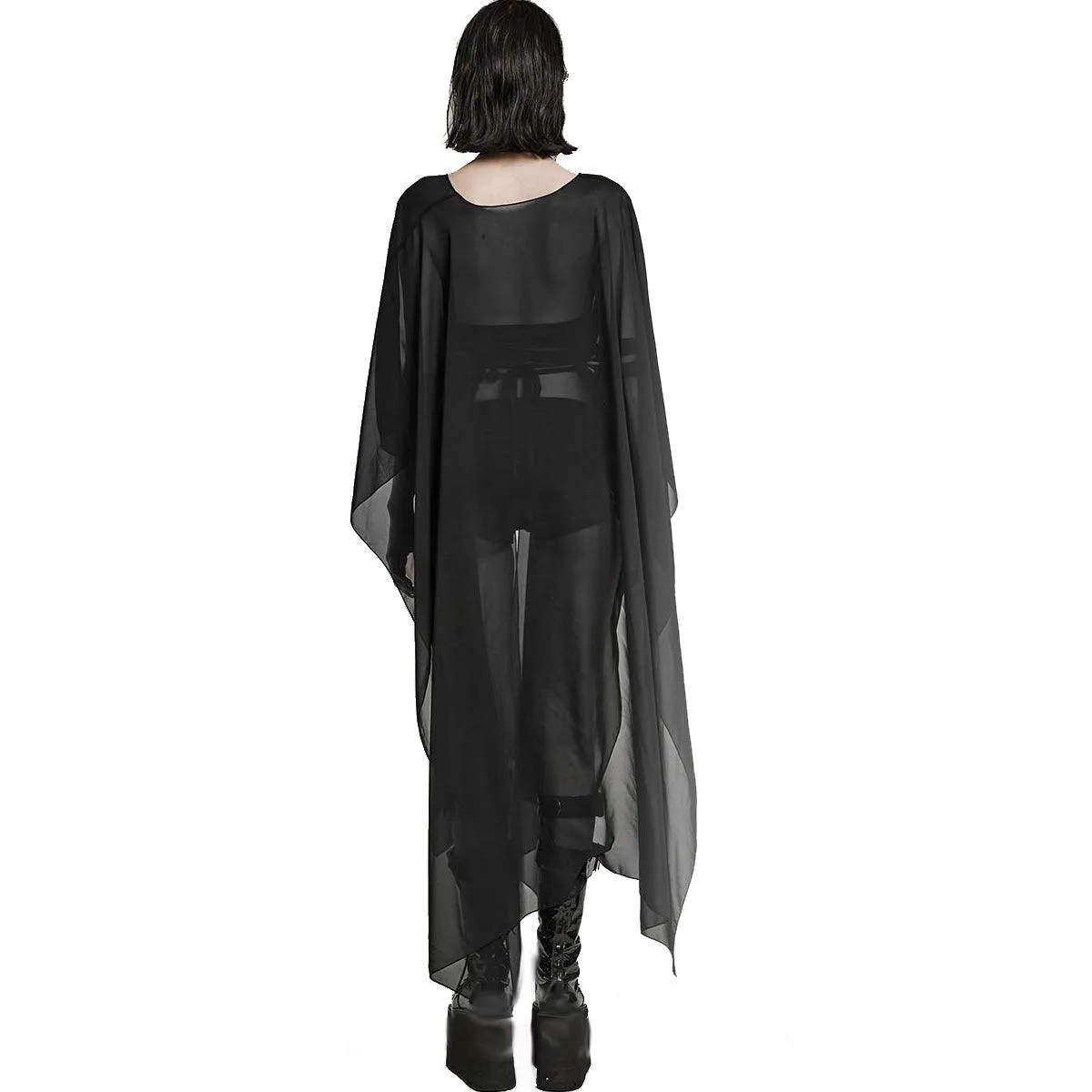 Black Moon Rising - women's Gothic black chiffon duster with an open front and beaded rope belt