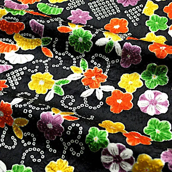 Black with Brights Faux Patchwork Vintage Kimono Silk Satin from Japan 14" x 58". # 4374