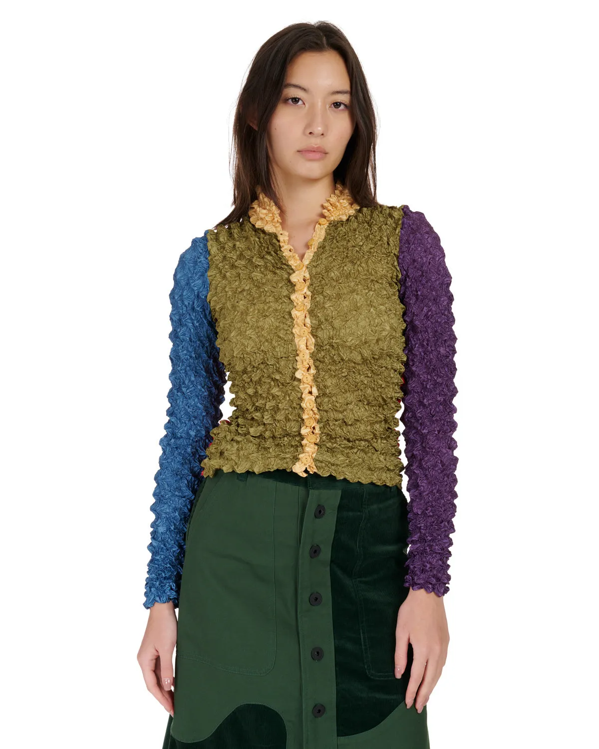 Blocked Bubble Shrink Button Up - Olive/Red