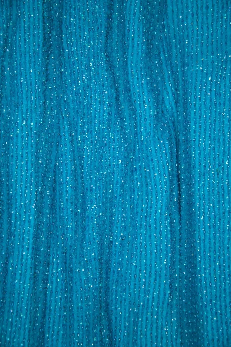 Blue Turquoise Sequins & Beads on Silk Chiffon Fabric