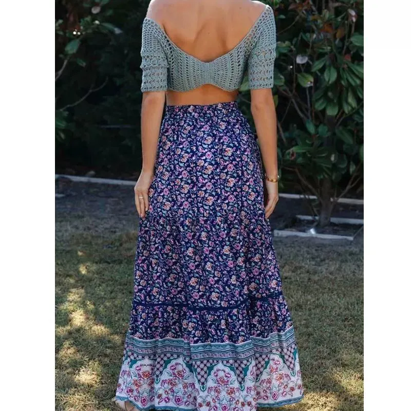 Bohemian Holiday Ethnic Print Hollow out Tied Elastic Large Swing A- line Dress Cotton Silk Beach Skirt