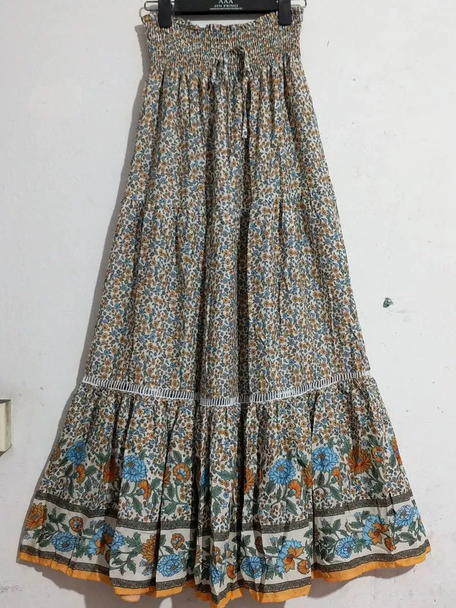 Bohemian Holiday Ethnic Print Hollow out Tied Elastic Large Swing A- line Dress Cotton Silk Beach Skirt