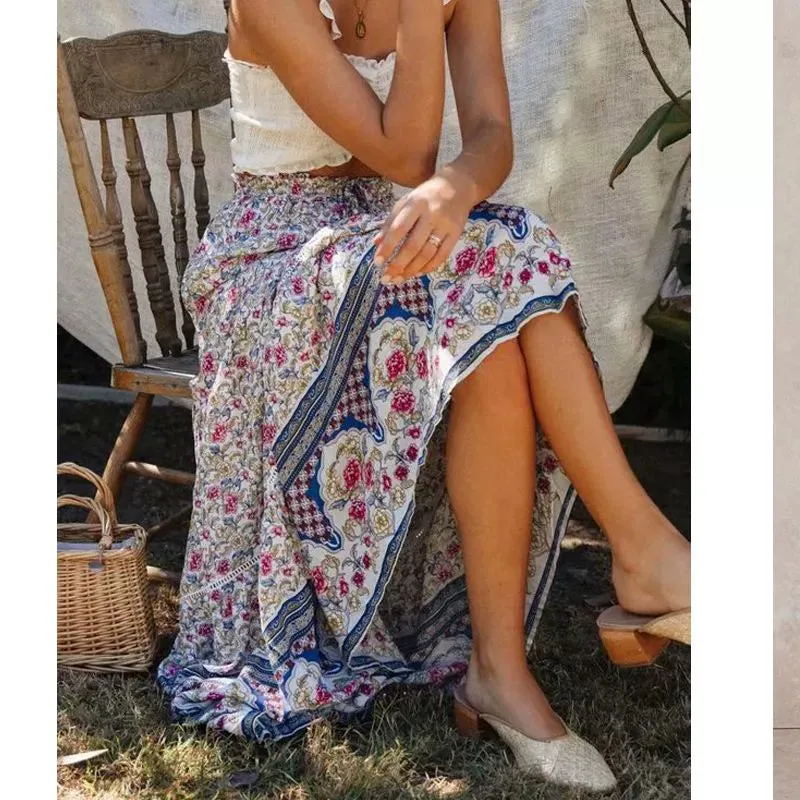 Bohemian Holiday Ethnic Print Hollow out Tied Elastic Large Swing A- line Dress Cotton Silk Beach Skirt