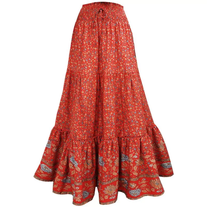 Bohemian Holiday Ethnic Print Hollow out Tied Elastic Large Swing A- line Dress Cotton Silk Beach Skirt