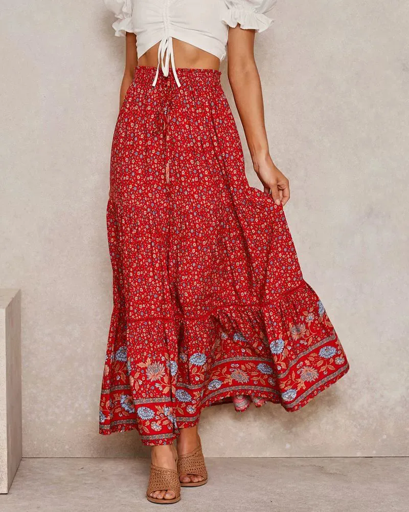 Bohemian Holiday Ethnic Print Hollow out Tied Elastic Large Swing A- line Dress Cotton Silk Beach Skirt