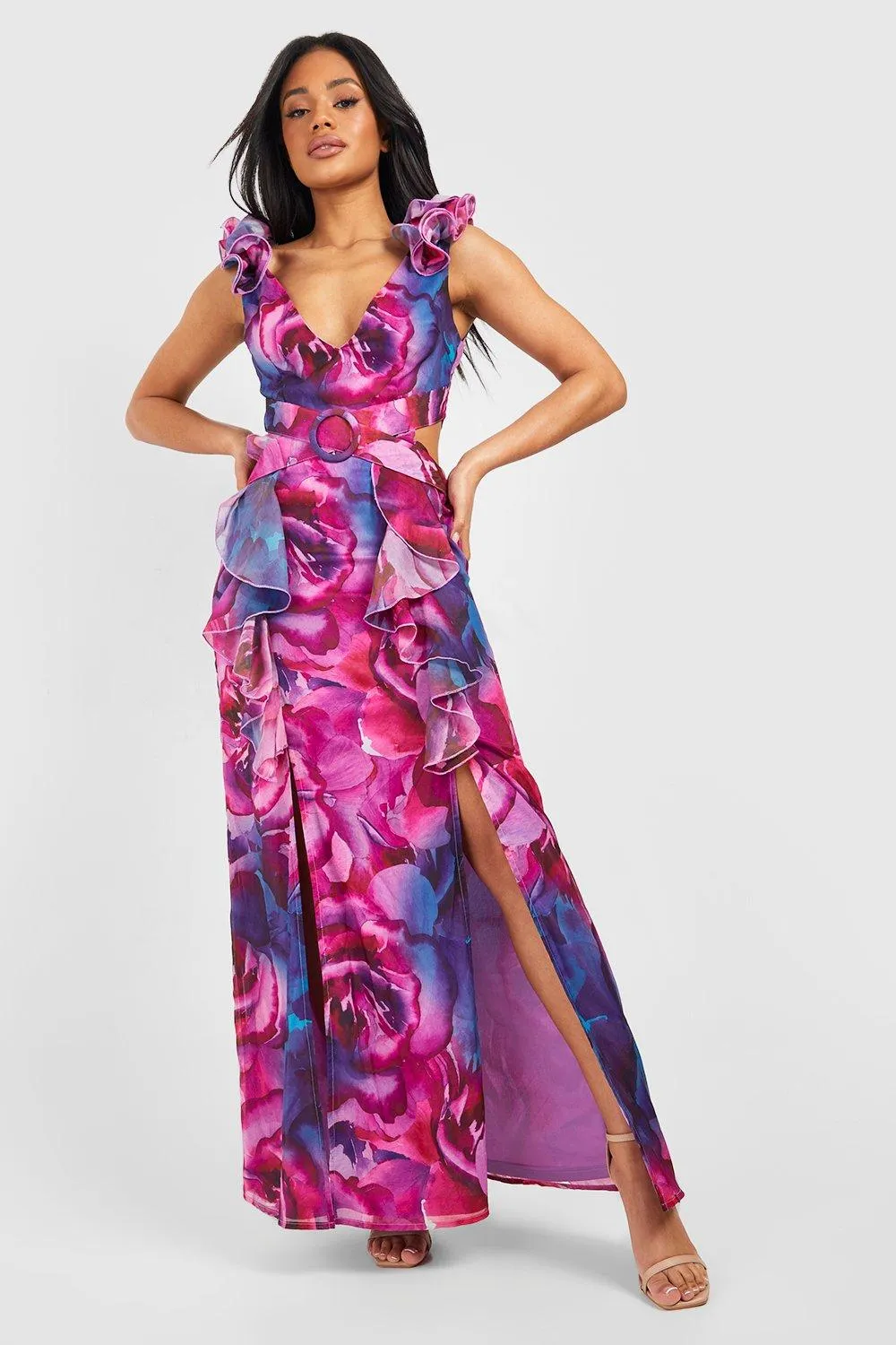 Boohoo Belted Floral Chiffon Maxi Dress, Purple