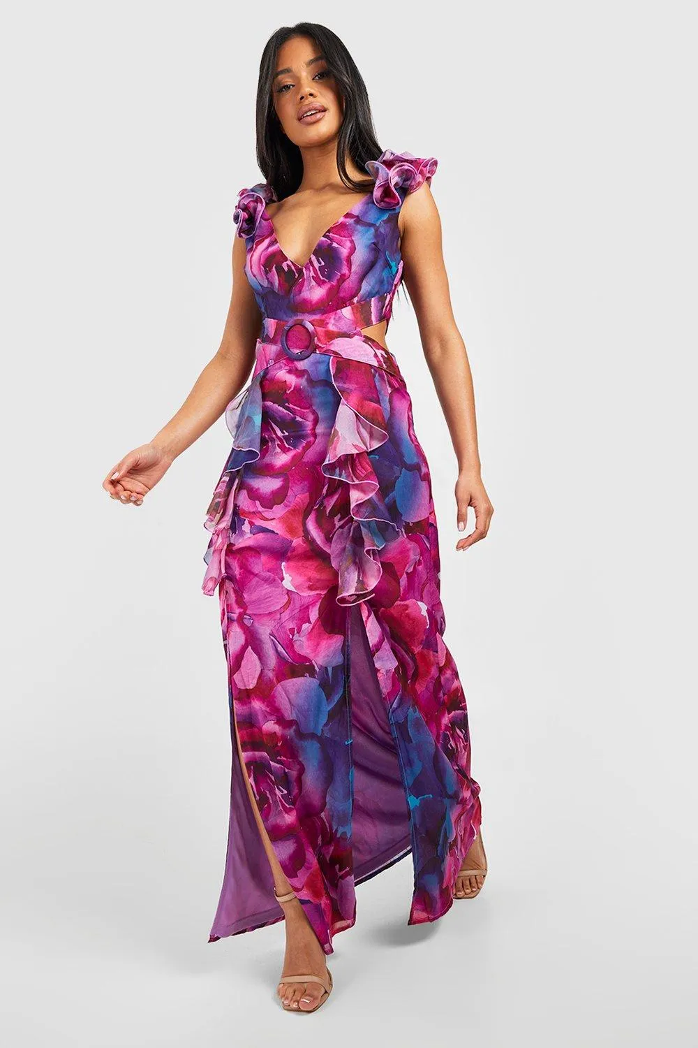 Boohoo Belted Floral Chiffon Maxi Dress, Purple