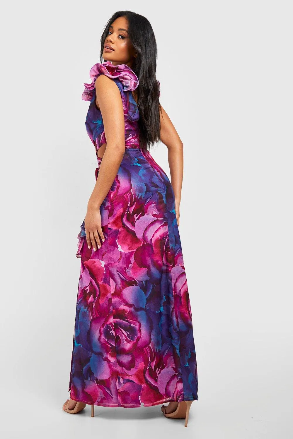 Boohoo Belted Floral Chiffon Maxi Dress, Purple