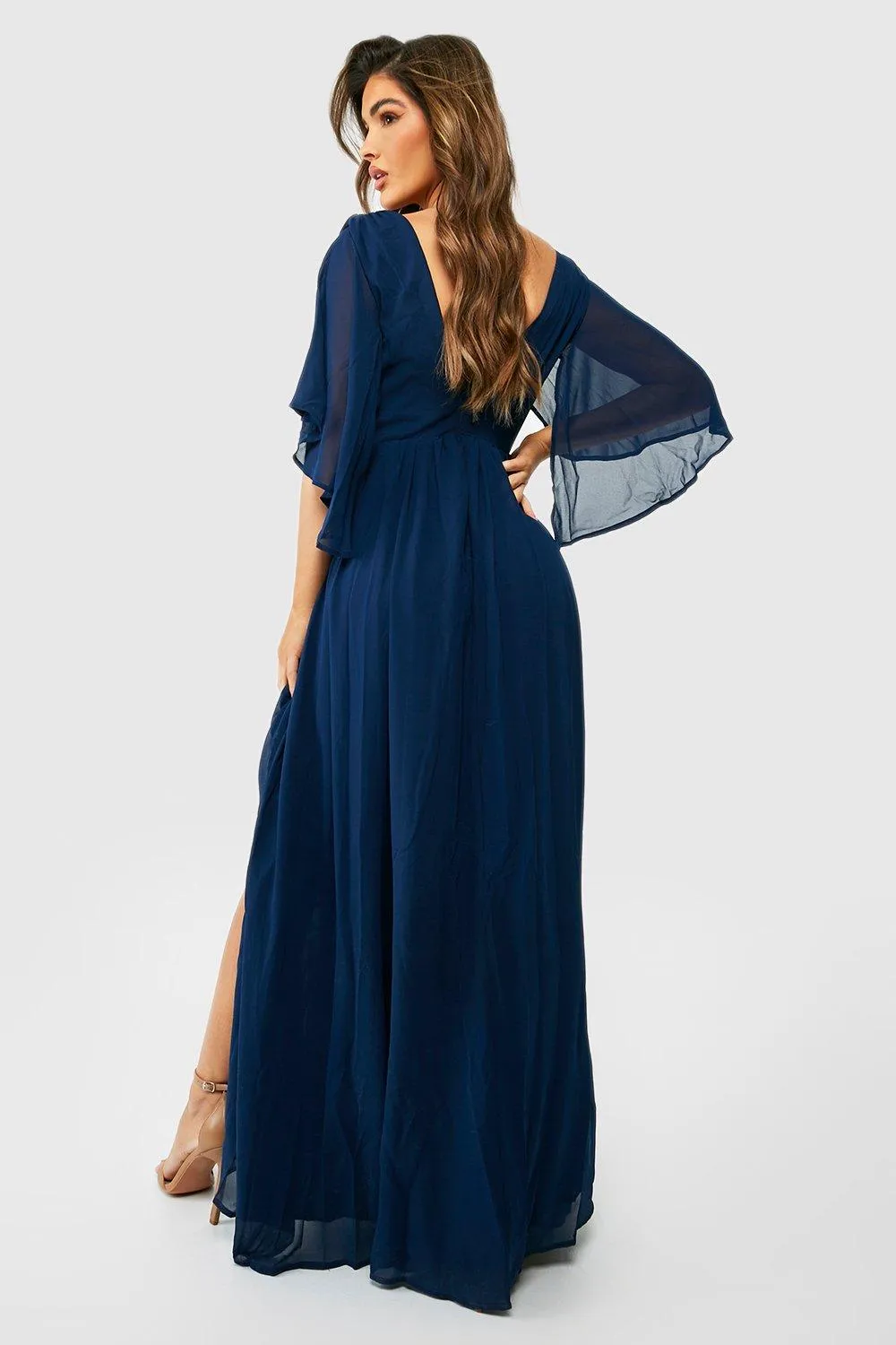 Boohoo Bride's Chiffon Cape Maxi Dress, Navi