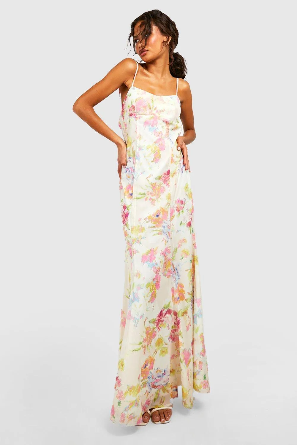 Boohoo Floral Chiffon Maxi Dress, Cream