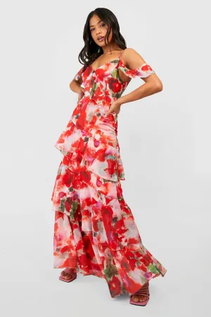 Boohoo Little Asymmetrical Chiffon Ruffle Floral Maxi Dress pink