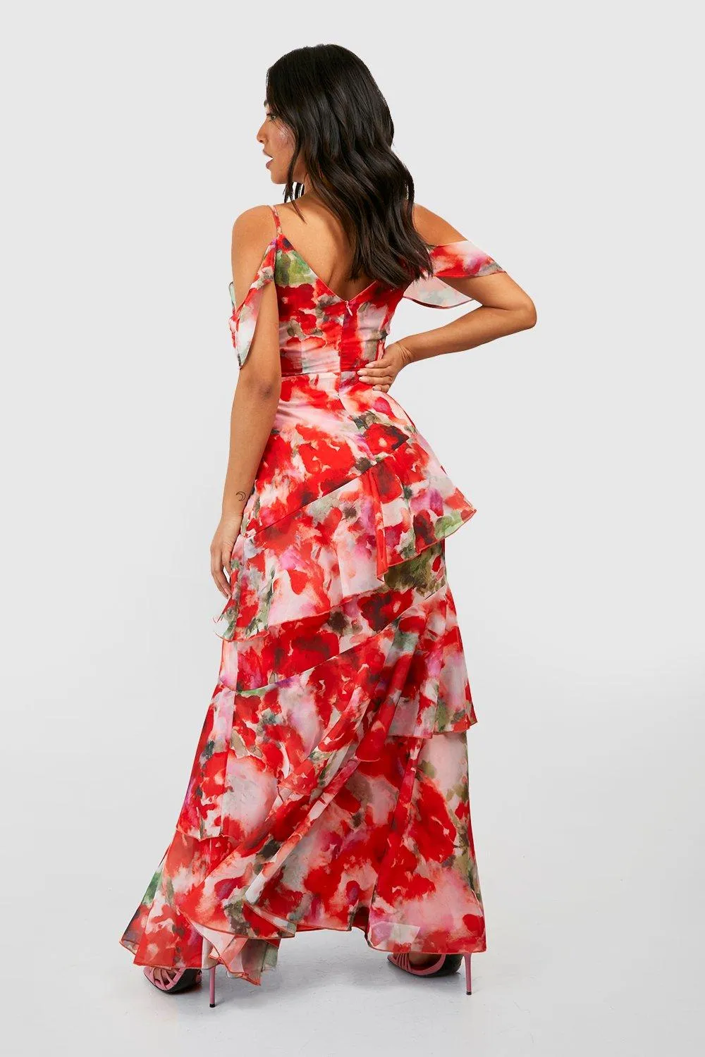 Boohoo Little Asymmetrical Chiffon Ruffle Floral Maxi Dress pink