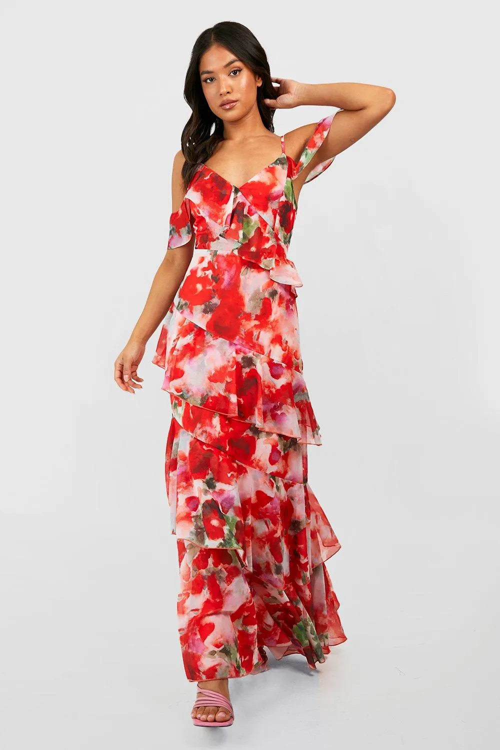 Boohoo Little Asymmetrical Chiffon Ruffle Floral Maxi Dress pink