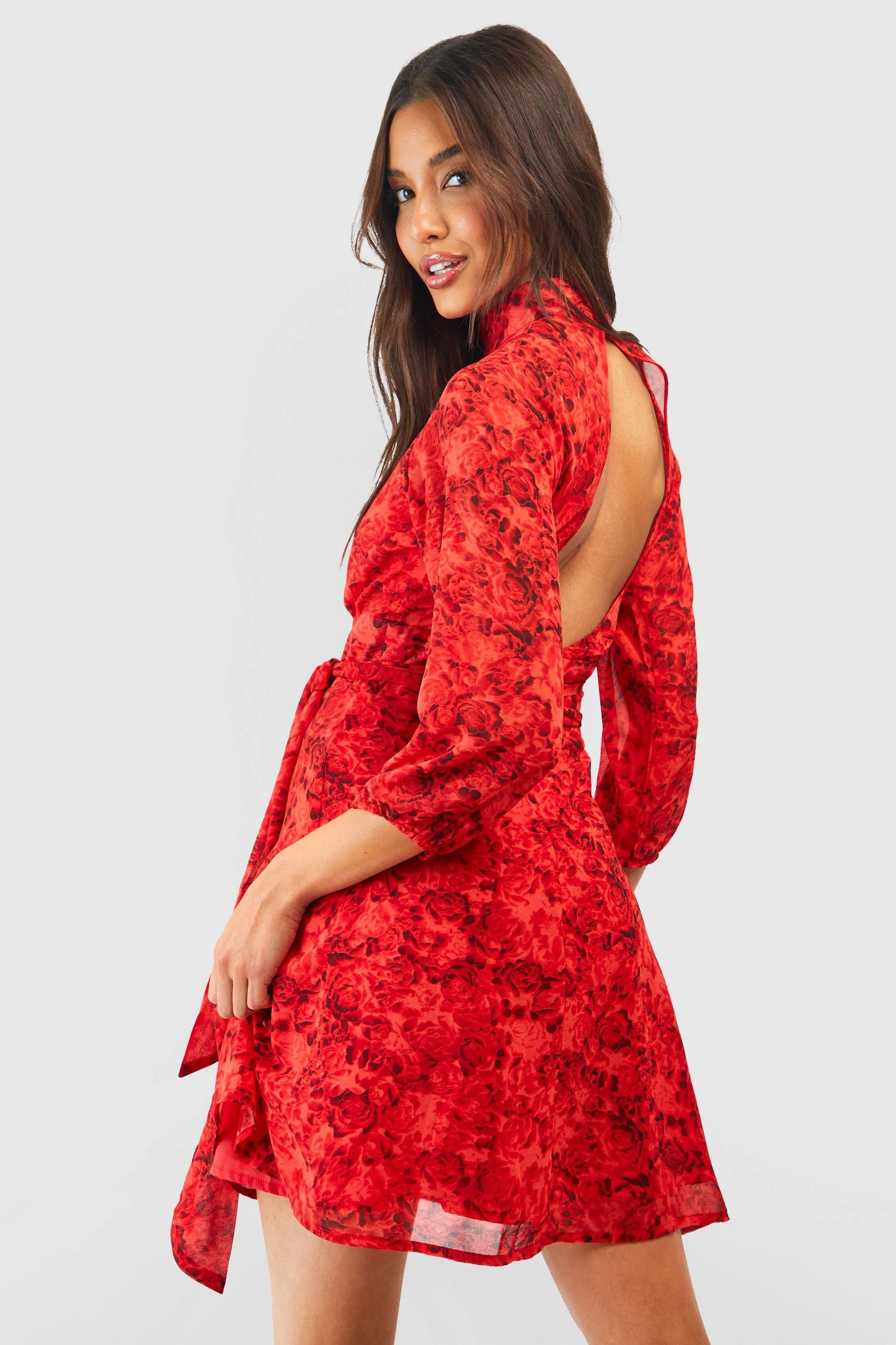 Boohoo Print Chiffon Dress, Red