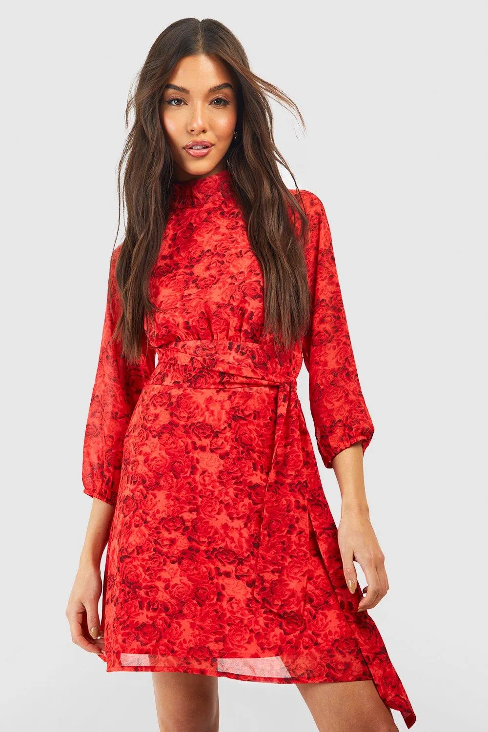 Boohoo Print Chiffon Dress, Red