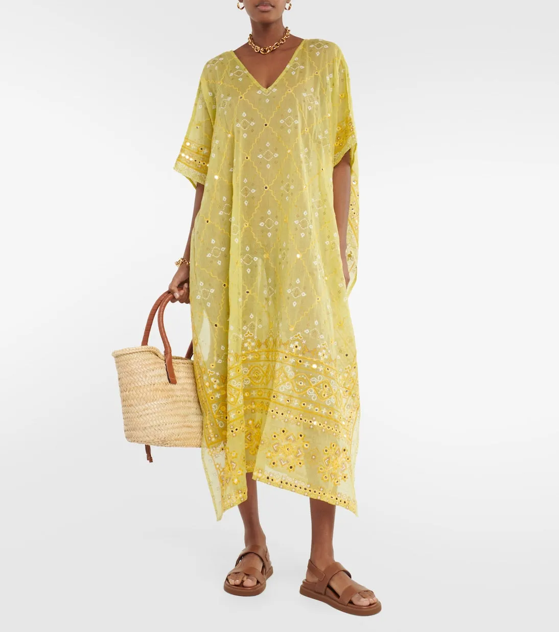 Broderie anglaise Juliet Dunn cotton maxi dress, yellow