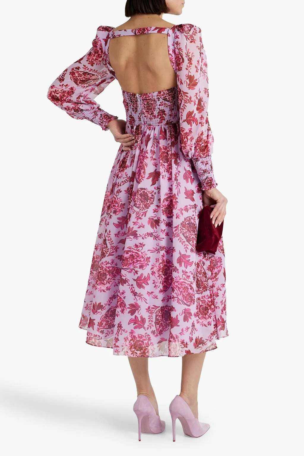 Chiffon midi dress with cutout and floral print BADGLEY MISCHKA, lilac