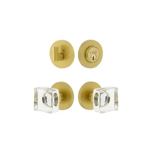 Circolo Rosette Entry Set with Quadrato Crystal Knob in Satin Brass