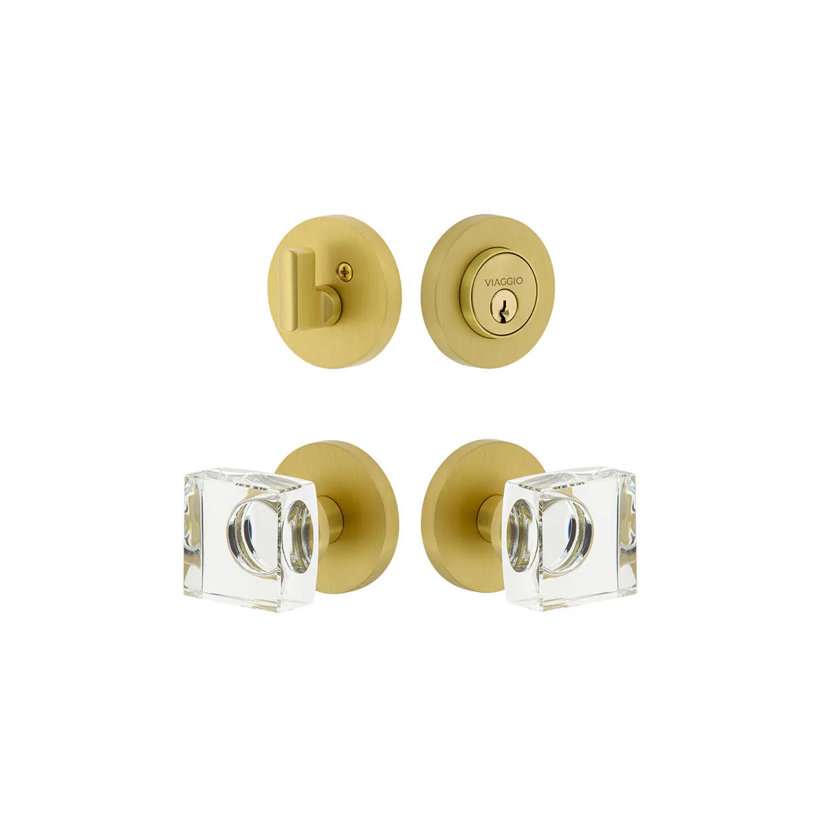 Circolo Rosette Entry Set with Quadrato Crystal Knob in Satin Brass