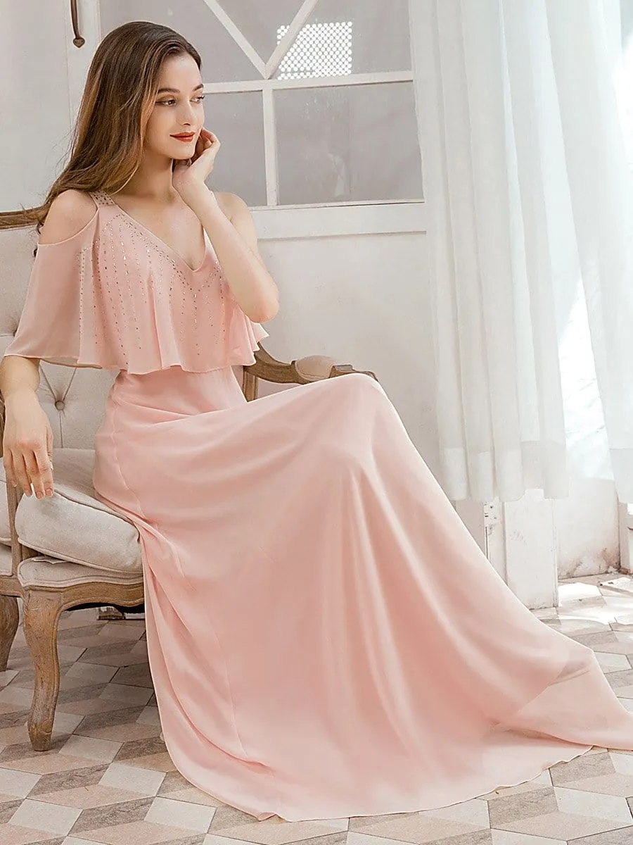 Dainty Short Ruffles Sleeves V-neck Chiffon Evening Dresses