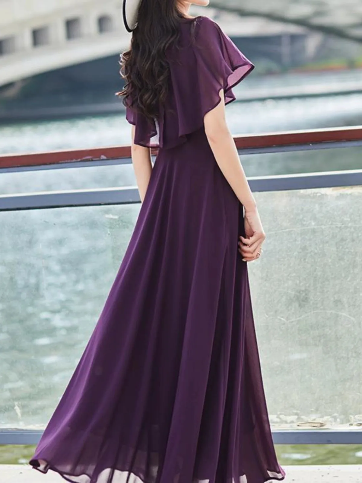 Elegant Purple Commuting Figure Flattering Chiffon Big Swing Maxi Dress