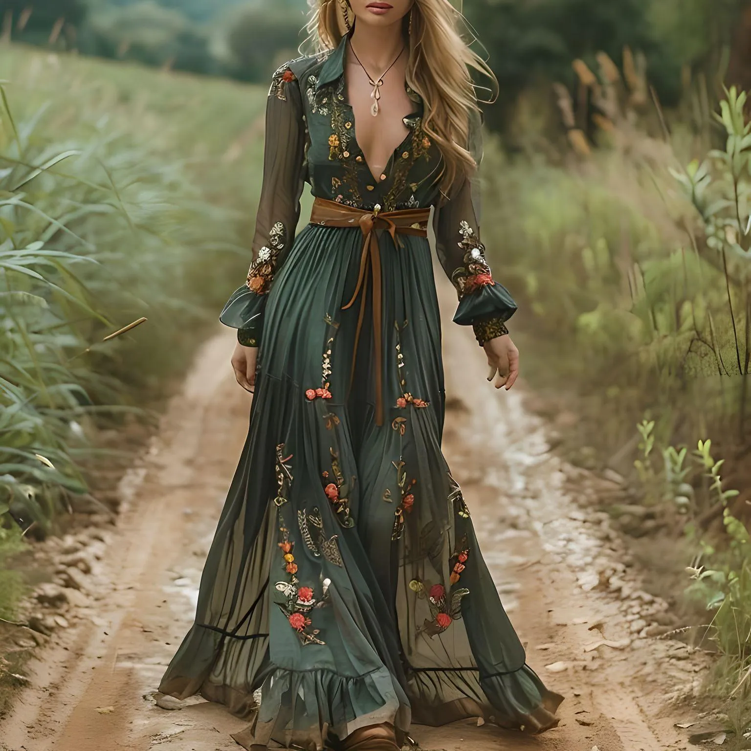 Ethnic Floral Print V-Neck Vintage Bohemian Long Dress Women's High Waist Loose Autumn Long Sleeve Party Maxi Dresses