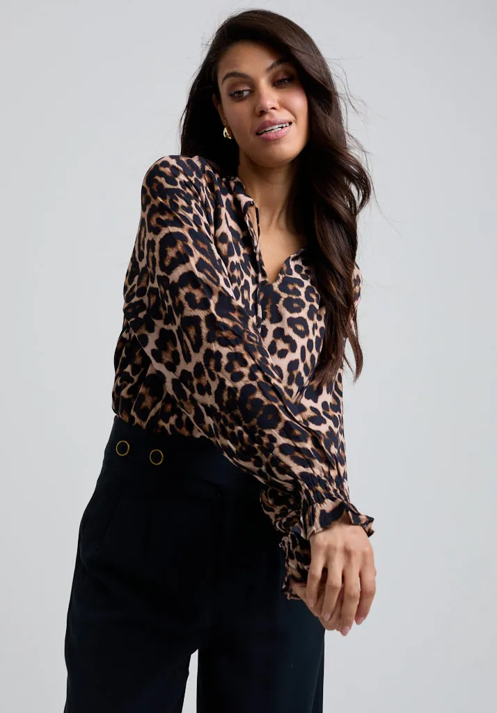 Florence V-Neck Big Cat Print Blouse In Brown