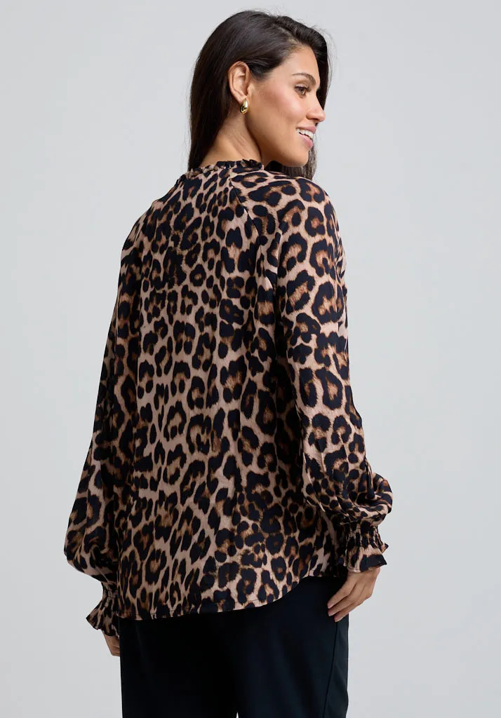 Florence V-Neck Big Cat Print Blouse In Brown