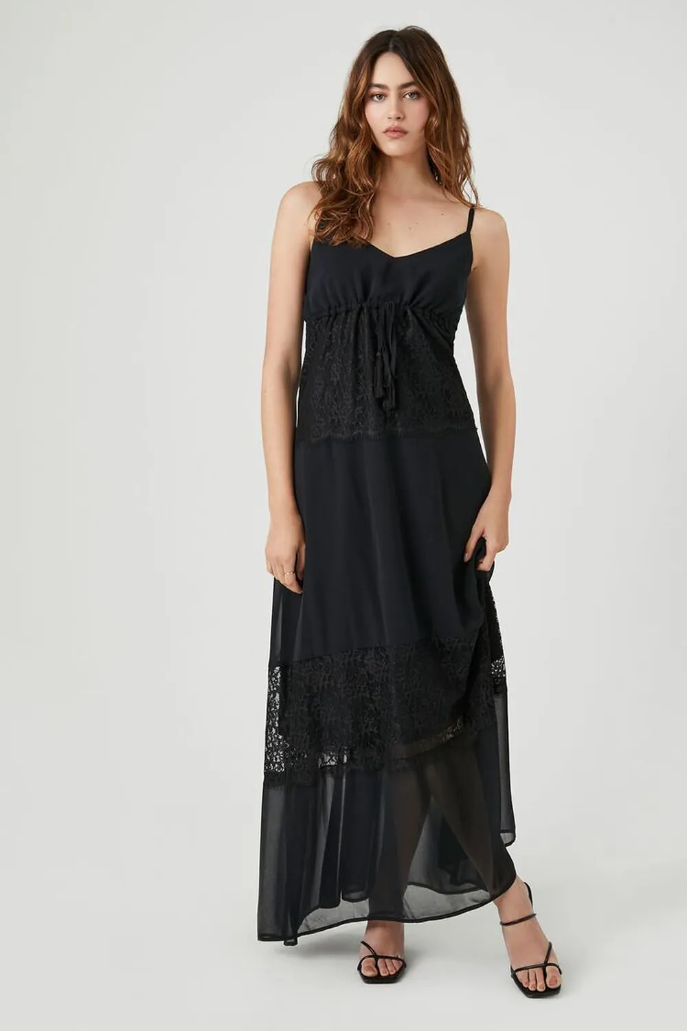 Forever 21 Chiffon Lace Trim Maxi Dress, Black