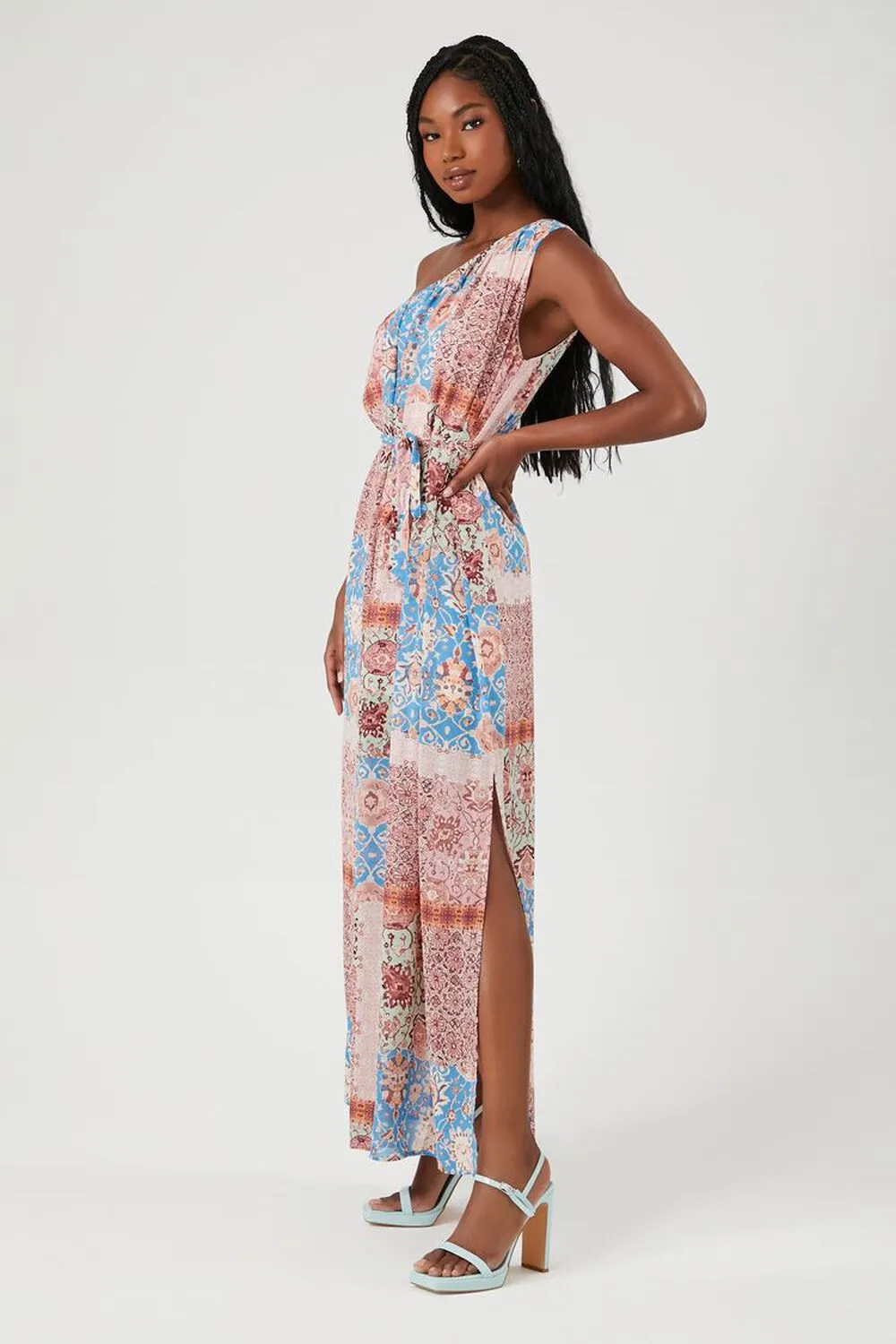 Forever 21 One Shoulder Chiffon Maxi Dress With Decorative Pattern, Blue