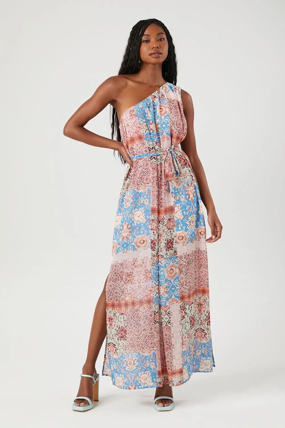 Forever 21 One Shoulder Chiffon Maxi Dress With Decorative Pattern, Blue