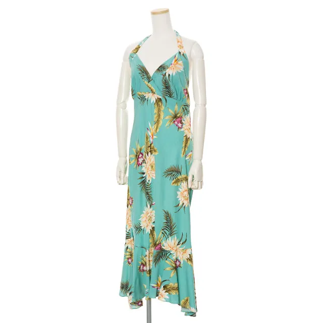 Halter Mid Length Teal Green Ceres Flower Print Hawaiian Dress