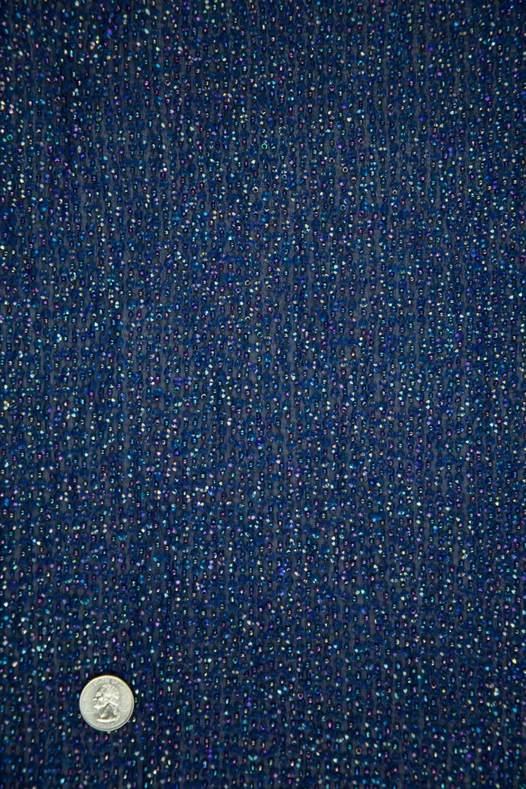 Ink Blue Sequins & Beads on Silk Chiffon Fabric