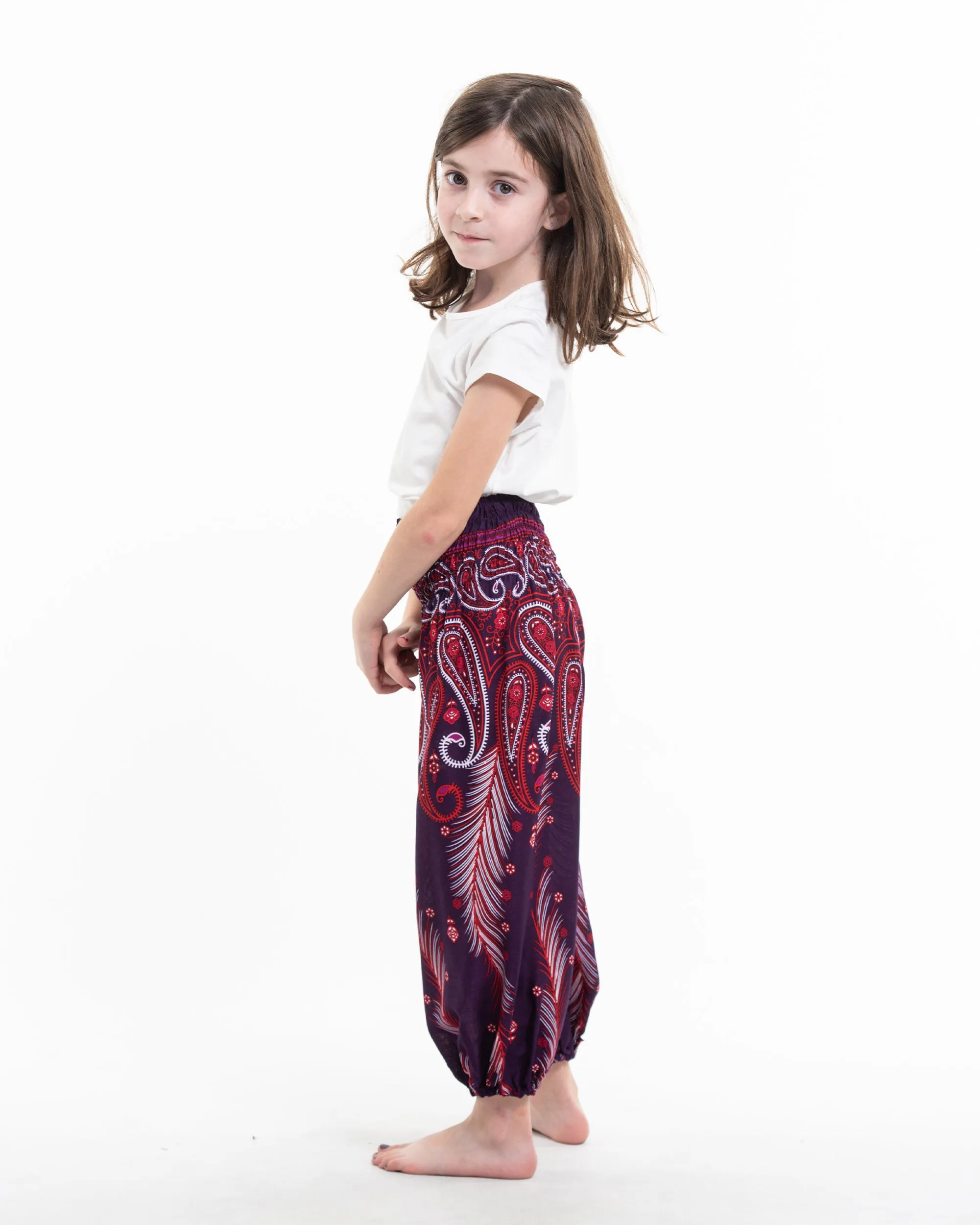 Kids Paisley Feathers Harem  Pants in Purple