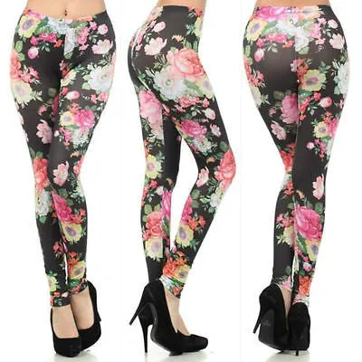 Leggings Pants Floral Colorful Spring Summer Stretch Full Long Length