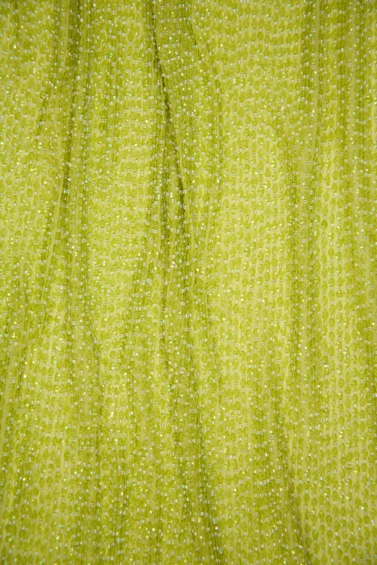 Lime Green Sequins & Beads on Silk Chiffon Fabric