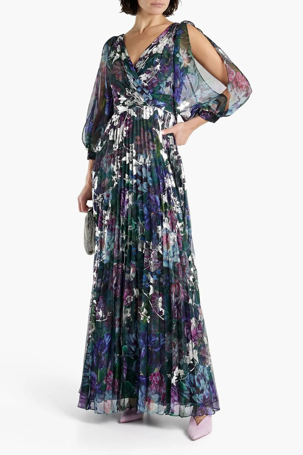 MARCHESA NOTTE Cutout Chiffon Dress with Metallic Floral Print emerald