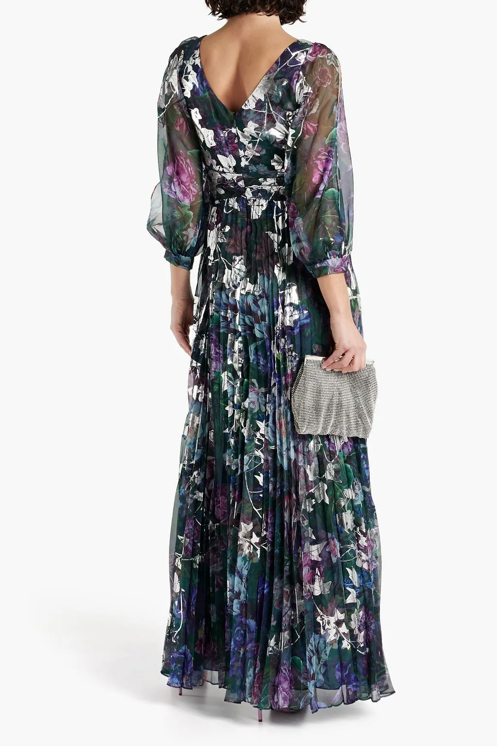 MARCHESA NOTTE Cutout Chiffon Dress with Metallic Floral Print emerald