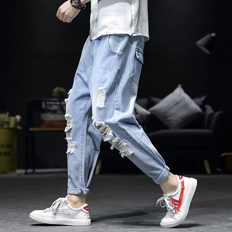 Men's Hole Jeans Spring and Autumn New Loose  Large Size Ankle-Length Pants All-match Casual Pants Hip Hop Jeans