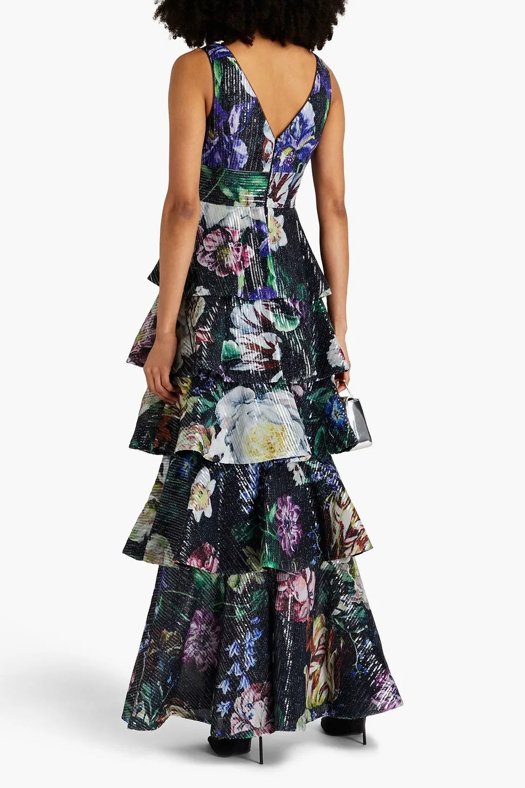 Multi-tiered chiffon dress with floral print and decoration. MARCHESA NOTTE, black